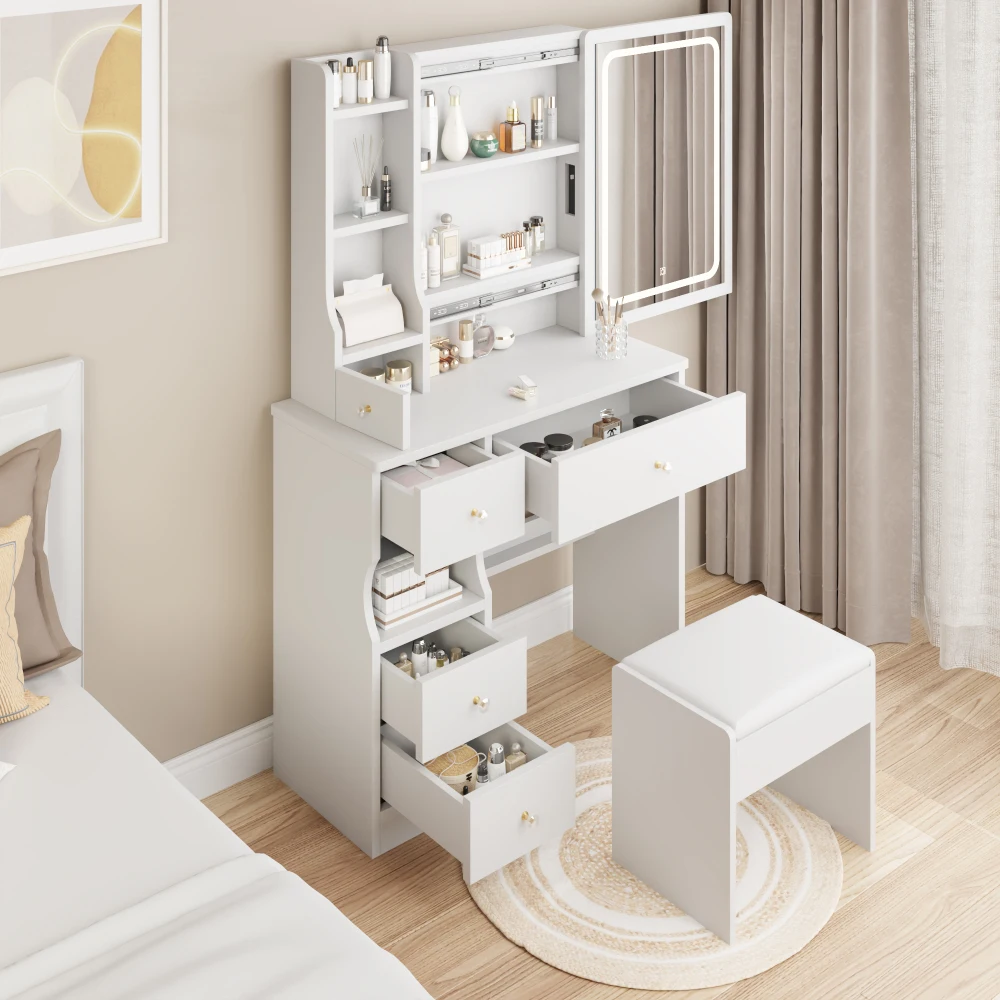 Small Space Left Drawer Desktop Vanity Table + Cushioned Stool, Extra Large Touch Control Sliding LED Mirror Tri-color Switching