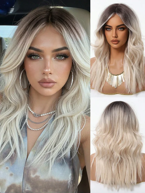 

Ombre Blonde Platinum Synthetic Wig 13x4 Lace Frontal Middle Wave Heat Resistant Daily Hairline for Women