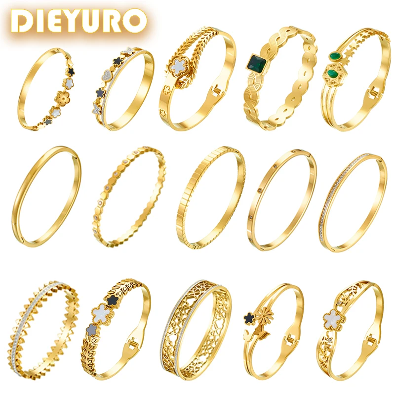 DIEYURO 316L Stainless Steel Golden Design Sense Bangle For Women 2024 New Retro Cuff Bracelet Men Non-fading Jewelry party Gift