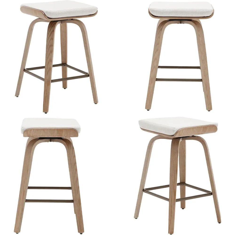 Conjunto de 4 bancos de bar giratórios sem encosto com altura de balcão de 26" com pernas de madeira e apoio para os pés, para bar doméstico