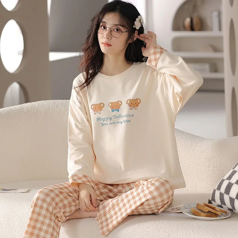 Women's Sleepwear for Spring and Autumn, New Long Sleeved Cartoon Cute Pullover Cotton Home Suit Set, Can Be Worn Outside for Au