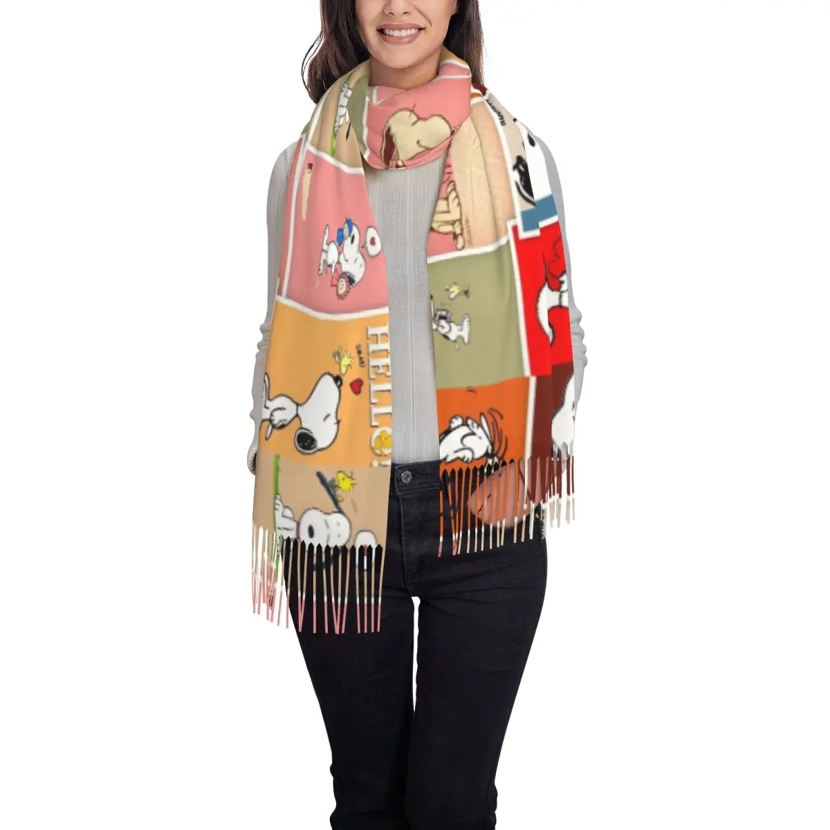 Custom Snoopy Peanuts Collage Scarf with Tassel Warm Soft Shawl Wrap Women Designer Scarves Wraps Winter Popular Foulard