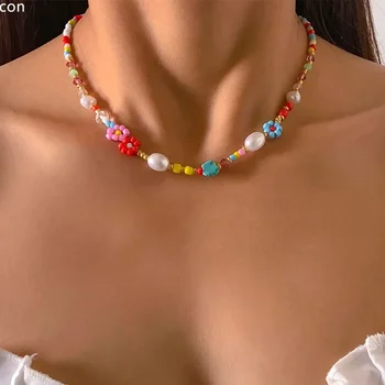 Baroque Simulated Pearls Cute Flowers Colorful Hand-woven Beaded Short Clavicle Chain Choker Necklace For Women Girls Jewelry
