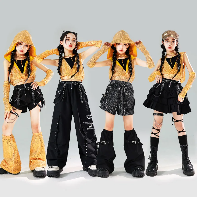 

Girl Hip Hop Clothing Gold Sequin Hoodie Crop Top Vest Black Strap Cargo Pants Shorts Skirt for Kid Jazz Dance Costume Clothes