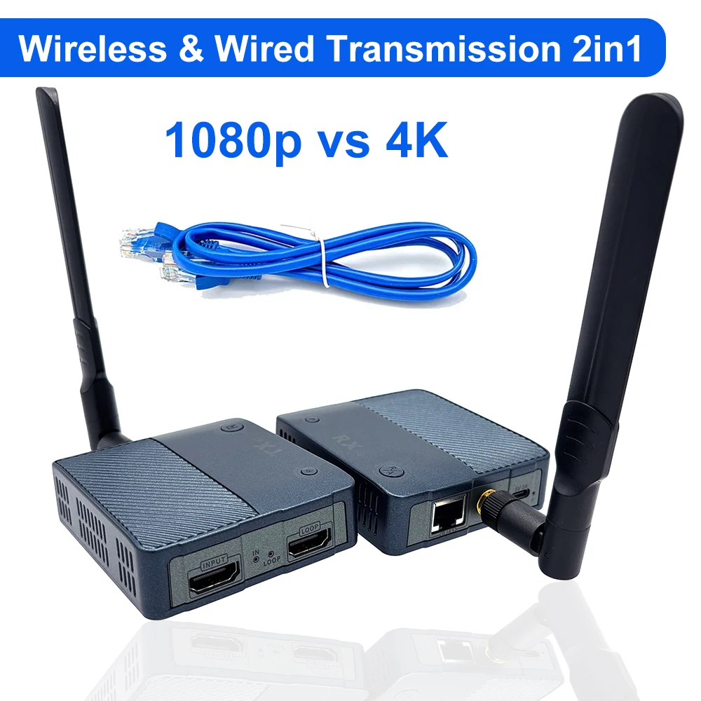 

Комплект беспроводного передатчика и приемника видео HDMI 1080P 4K 150M с удлинителем кабеля Ethernet Rj45 Cat6 2 в 1 может пройти через стену