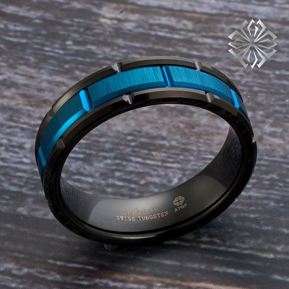 حلقة تنجستن مركز الأخدود بنمط الطوب ، تشطيب ناعم ، أزرق وأسود ، 8 من السطح #2