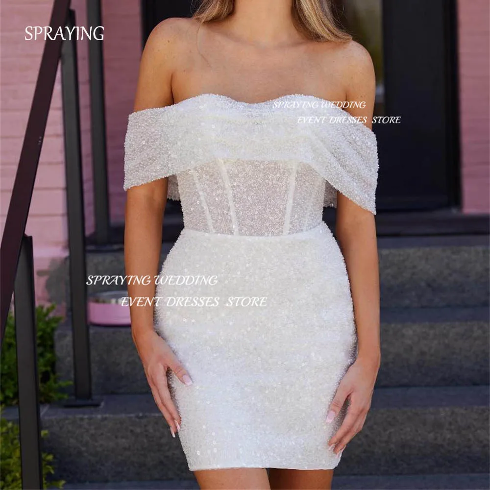 

SPRAYING Elegant Sweetheart Off the Shoulder Wedding Dresses Mini Short Above knee Sparkly Sequined Bridal Gown Sheath Zip Back