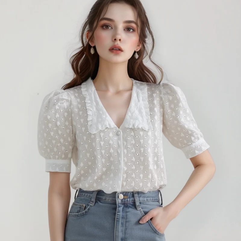Mode Sommer Aushöhlen Spitze Kurze Puff Sleeve Frau Shirts Elegante Lose Tops Weiße Bluse