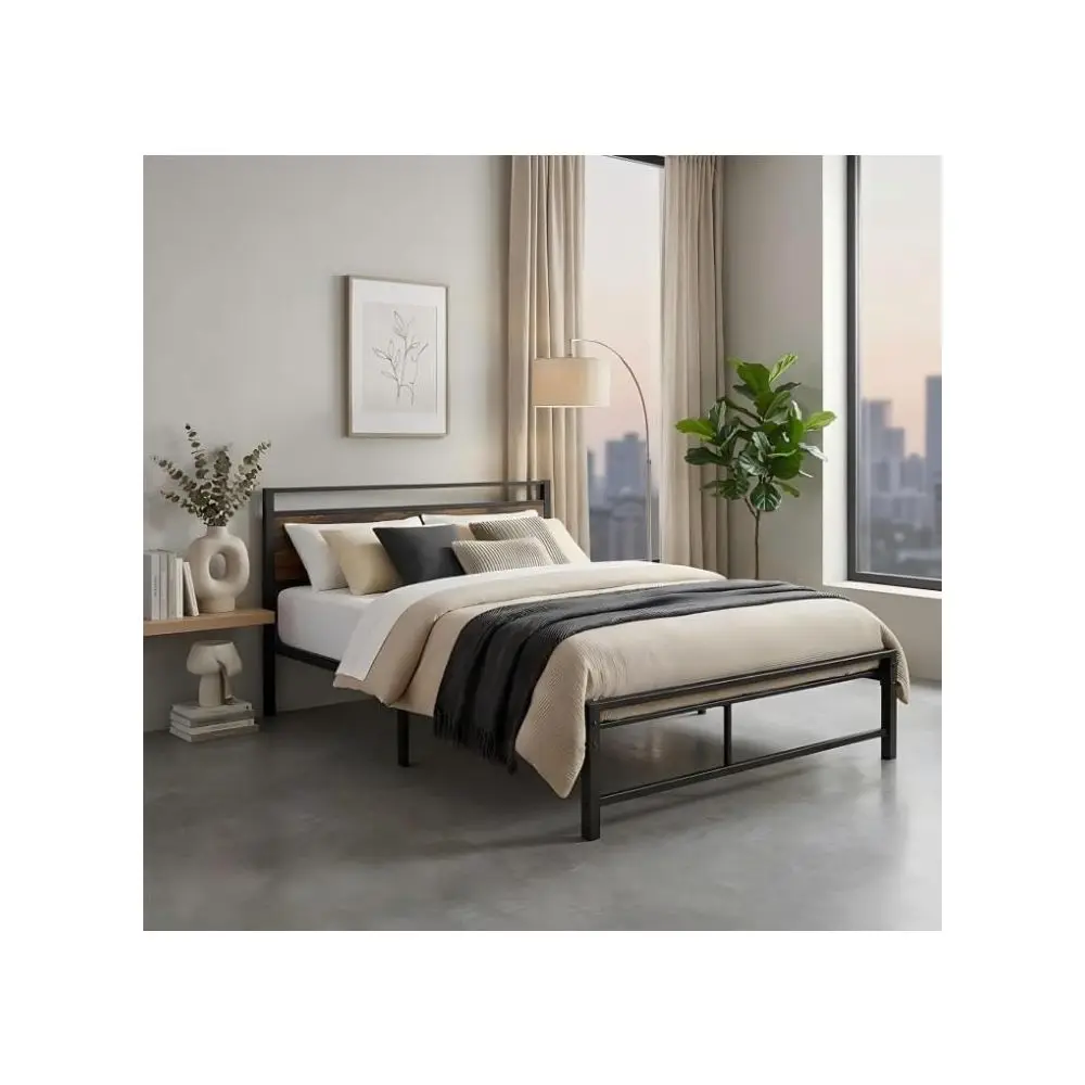 Base de Cama King Size, Estructura de Metal con Plataforma de Madera Rústica, Base Resistente para Colchón