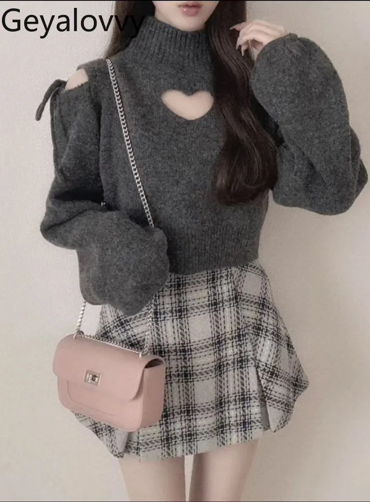 

Повседневные пуловеры в японском стиле для женщин, короткий вязаный свитер с открытыми плечами и завязками на талии в форме сердца