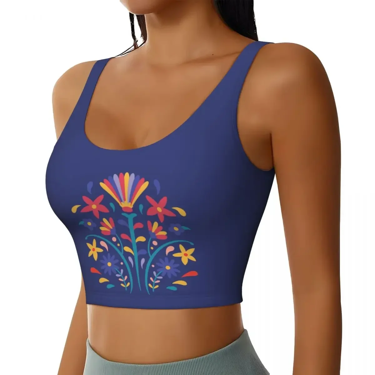 Aangepaste Mexicaanse Otomi bloemensamenstelling kunst High Impact sportbeha's Folk bloemen patroon naadloze training Running Crop Tank Tops