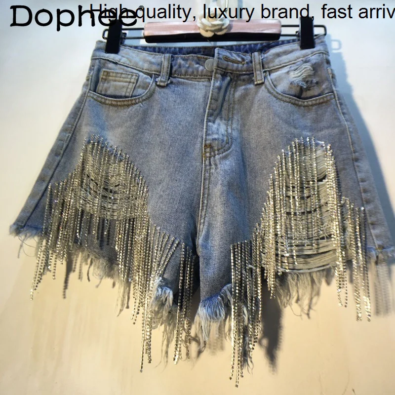 

Rhinestone Tassel Ripped Chain Denim Women 2023 Summer New Waist Slim Jean Shorts Straight Short Pants High Street