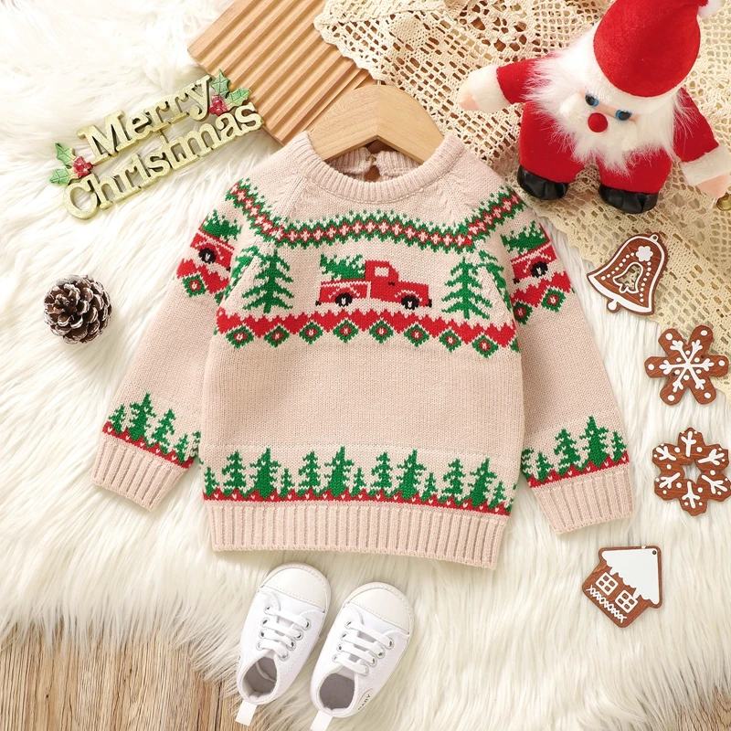 Baby Boy Christmas Sweaters Long Sleeve Round Neck Truck Print Knit Pullovers Infant Jumper Tops