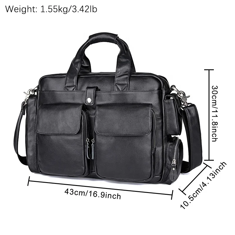 Men Genuine Leather Briefcase Black Cow Leather Laptop Bag 16