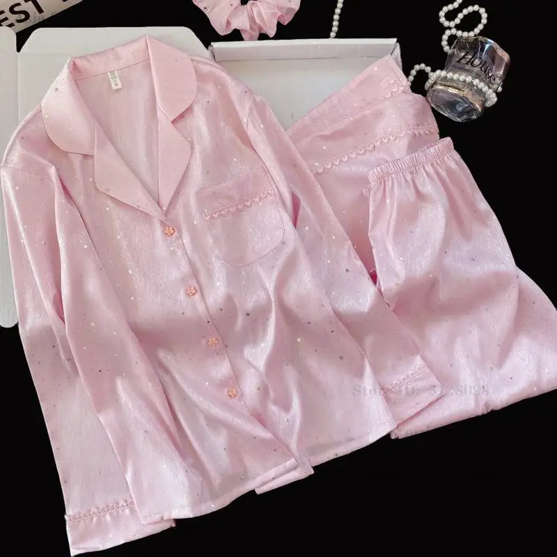Fashion Sequin Home Clothes Pink Long Sleeve Pajamas Set Women Ice Silk Sleepwear Loungewear Spring Summer New Nightwear Pyjamas