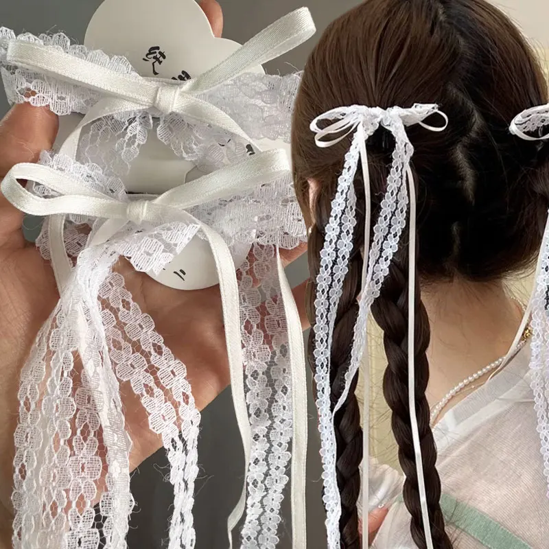

2 шт., белые милые кружевные заколки для волос с длинным бантом для женщин и девочек, лента с кисточкой и бантом, заколки для волос, трендовые полые головные уборы