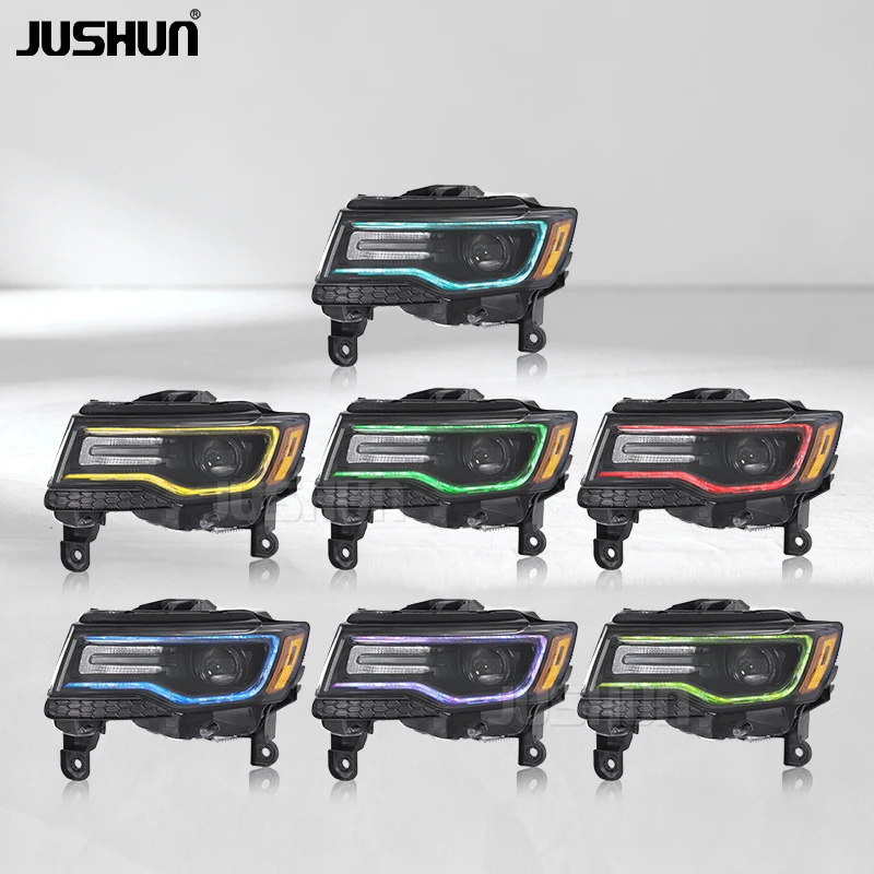 JUSHUN Led Projector Headlight for Jeep Grand Cherokee 2014-2021 Upgraded LED Dynamic signal Start Sequence Rainbow Colors