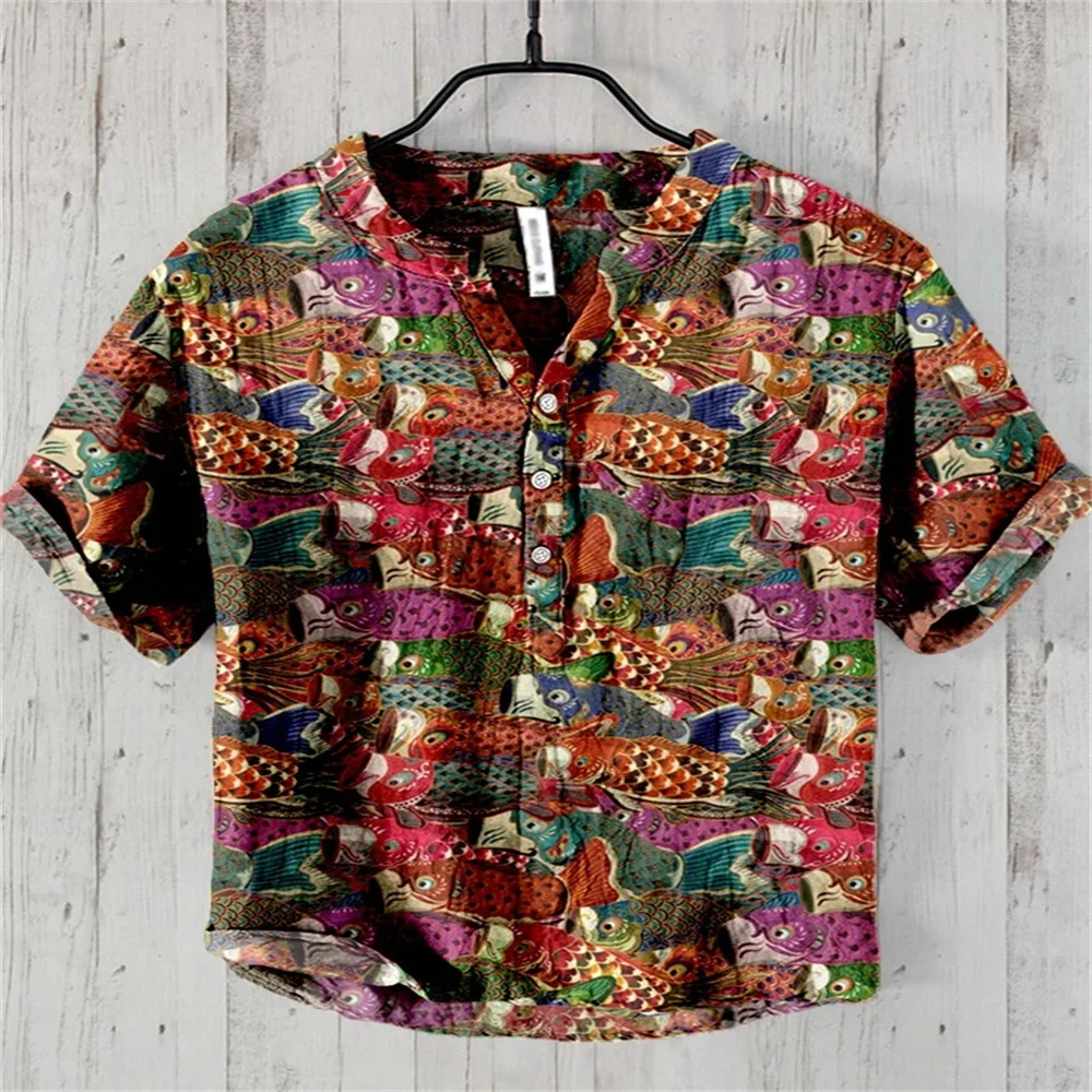 Hawaiian Men's Linen V-neck Shirt Men's T-shirt 2026New 100% Linen Shirt HD Pattern Plus Size Crane Landscape Painting Shirt