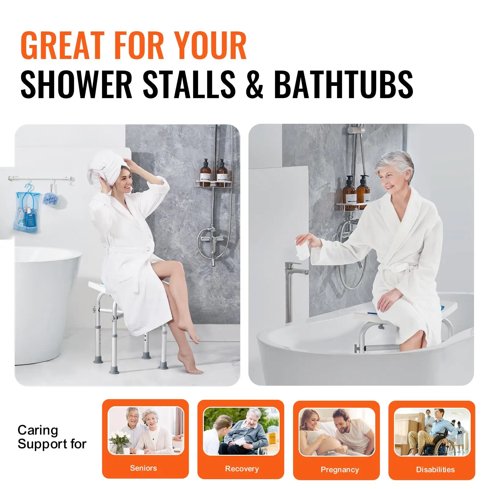 Adjustable Height for shower Chair with Crossbar Support Non Slip Bath Stool for elderly and Disabled Adults 500 lbs