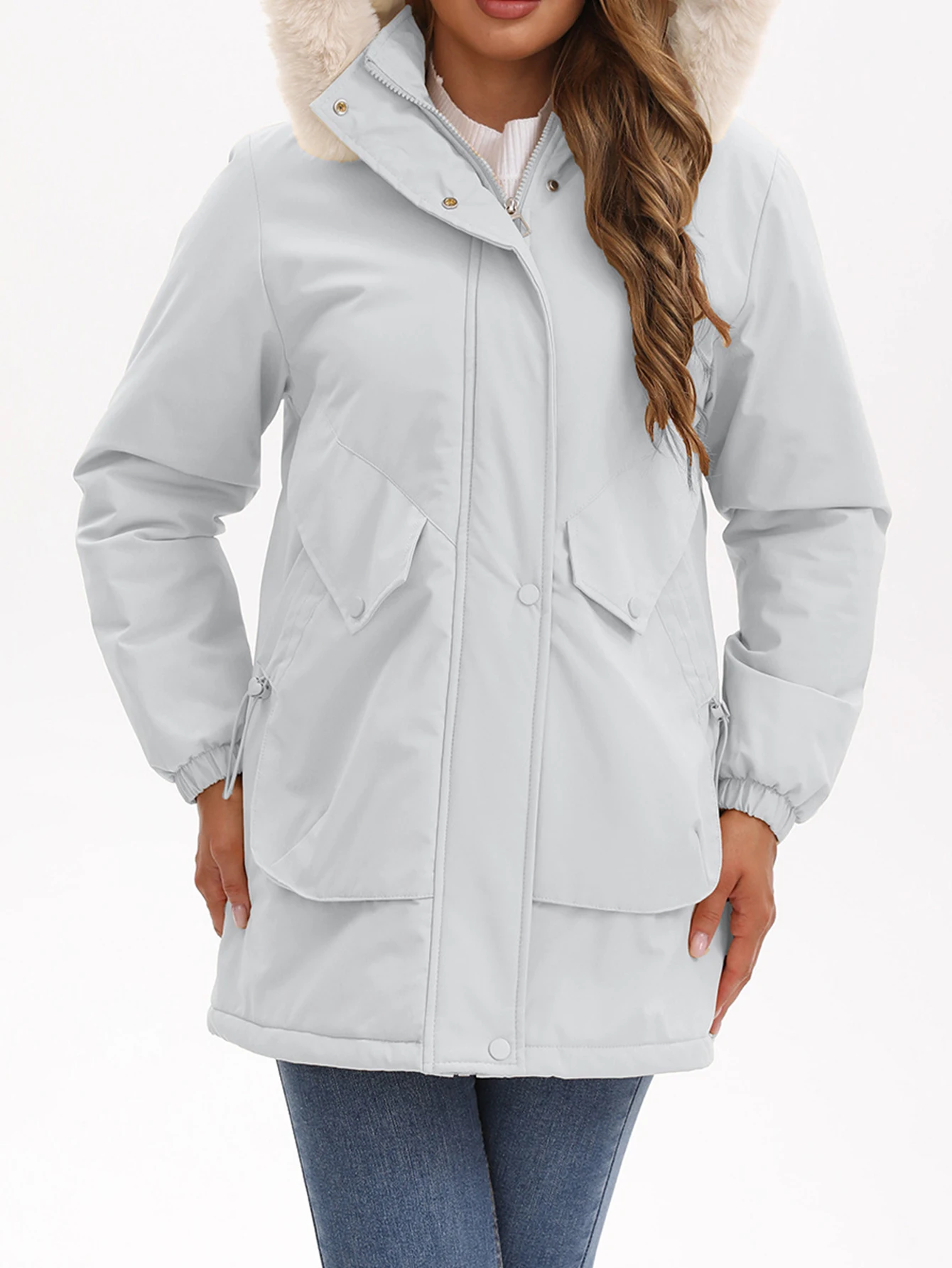 Dames Europese maat Fleece gevoerde katoenen jas Koreaanse stijl Grote bontkraag Halflange parka Winterbovenkleding