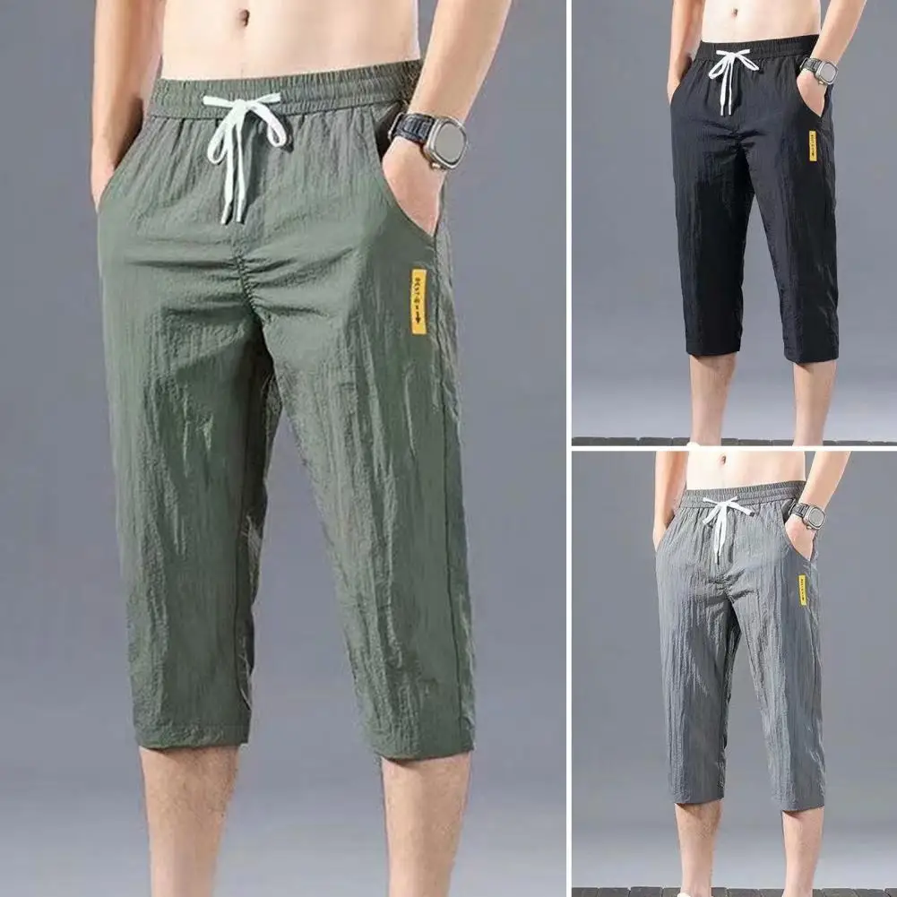 

Men Cropped Pants Solid Color Close-fitting Deep Crotch Summer Jogger Pants Slim Fit Summer Jogger Pants Male Garment