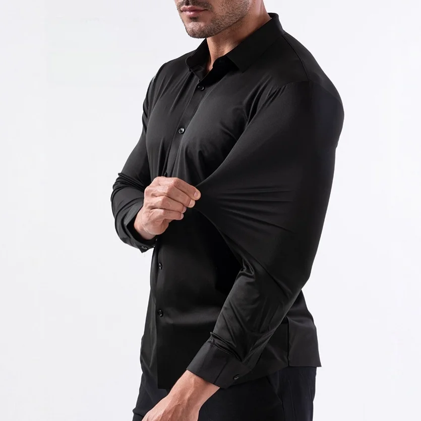 

Sl High Elastici Busin Casual Men's irt No Ironing Four Directional Stretch Glued Resilient Sle Youth Full Sve