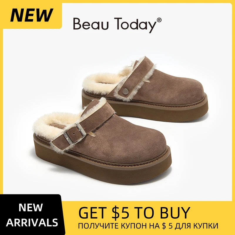 

BEAUTODAY Casual Flat Shoes Women Cow Suede Round Toe Platform Solid Color Square Buckle Ladies Wool Slippers Handmade 37051