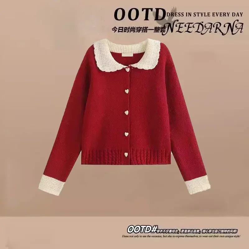 Spring and Autumn Solid New Female Student Doll Collar Cardigan Knitted Sweater