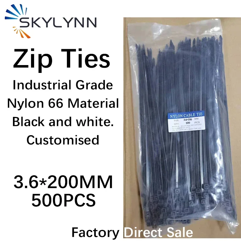 

3.6X200mm Nylon Cable Ties Adjustable Cable Tightening Ring Fibre Optic Patchcord Plastic Self-Locking Ties Black White 500PCS