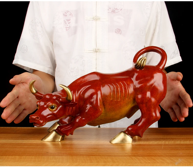 Southeast Asia high grade brass RED GOOD LUCK Wall Street Bull finance stock market cattle mascot HOME company statue