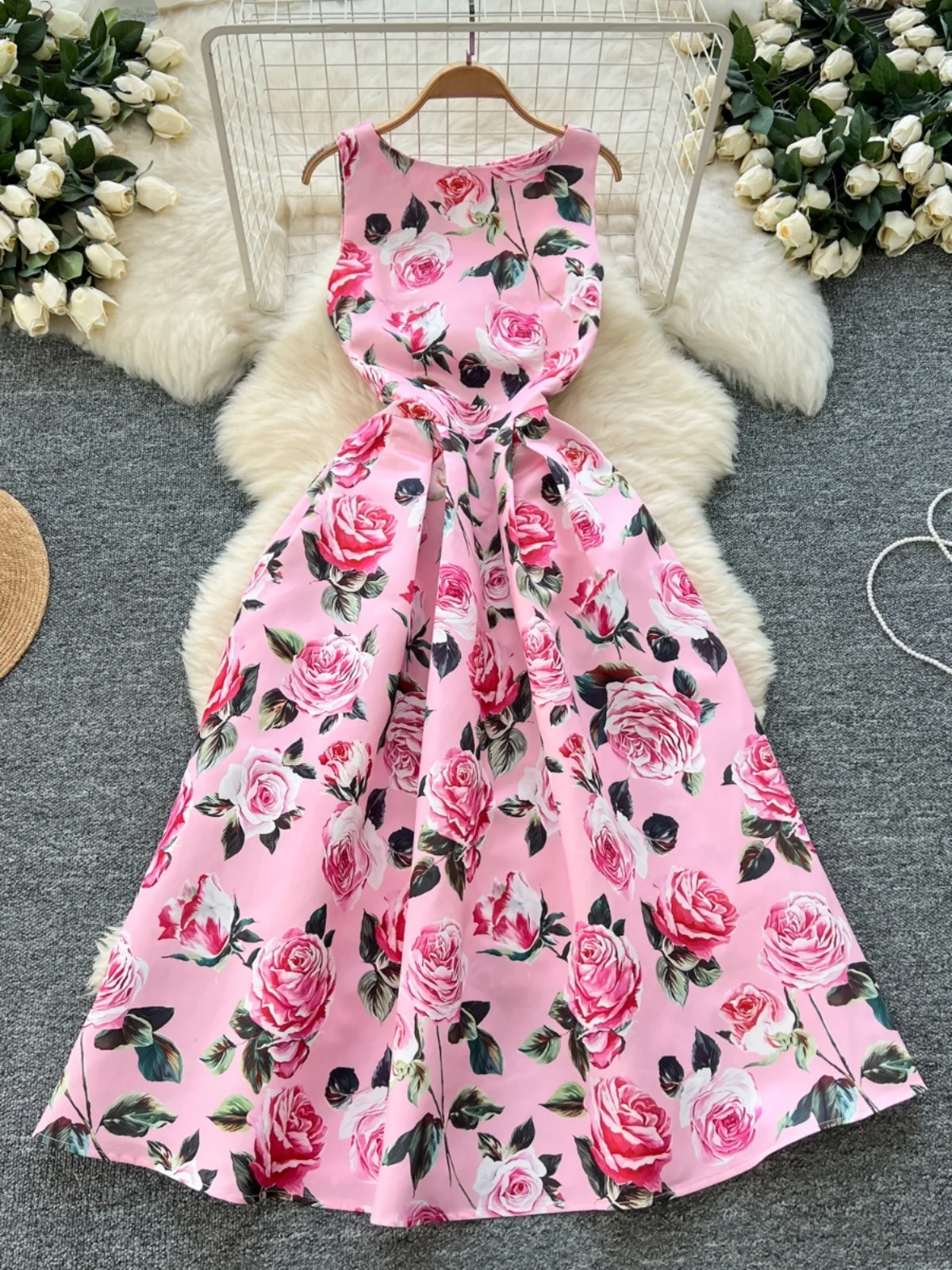 

Ele Vintage Print Midi Dr Women's Faion Svel Slimming High Waist A-Line Dr Korean Sle Commute Spring Dr