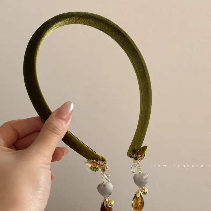 Green field elf smudged headband fringed headband light luxury Chinese niche rear hanging temperament hair accessories hairpin