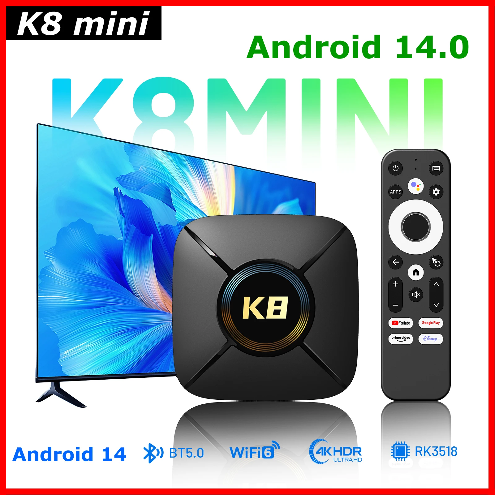 

2025 New Android 14 TV Box K8 mini 2GB 32GB Rockchip RK3518 Wifi6 Dual WIFI BT5.0 USB3.0 BT Voice Control 4K Set Top Box