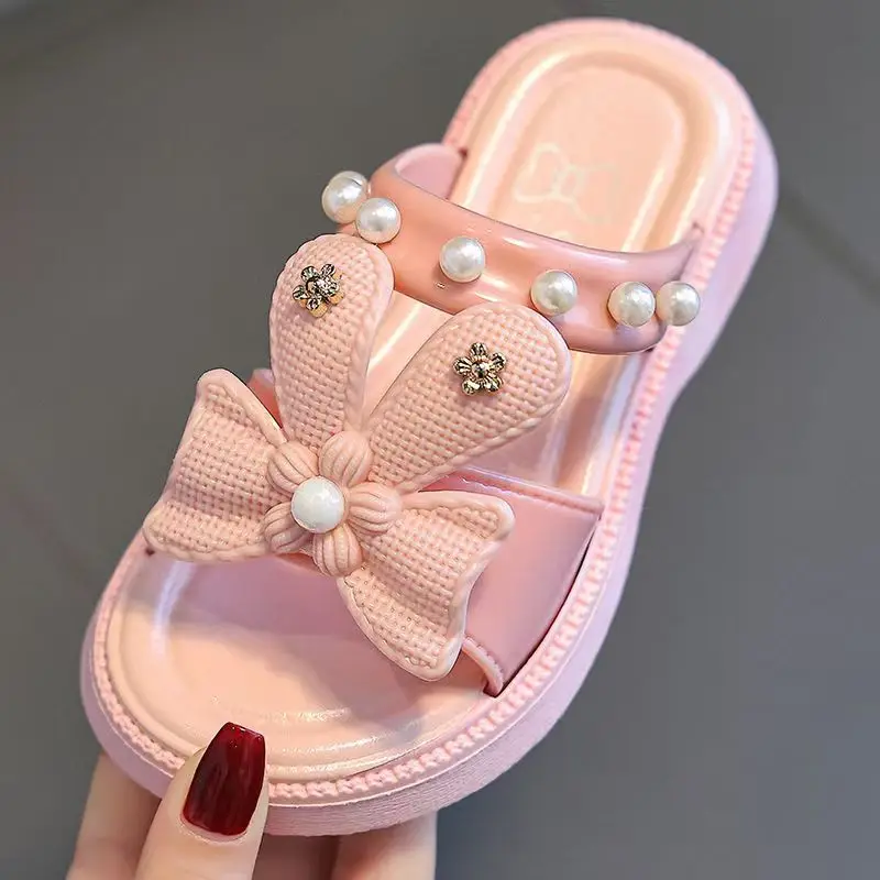 Zapatillas de verano con lazo para niños, sandalias antideslizantes de suela suave para niñas, lindas sandalias de princesa, zapatillas de playa al aire libre, Zapatillas de casa