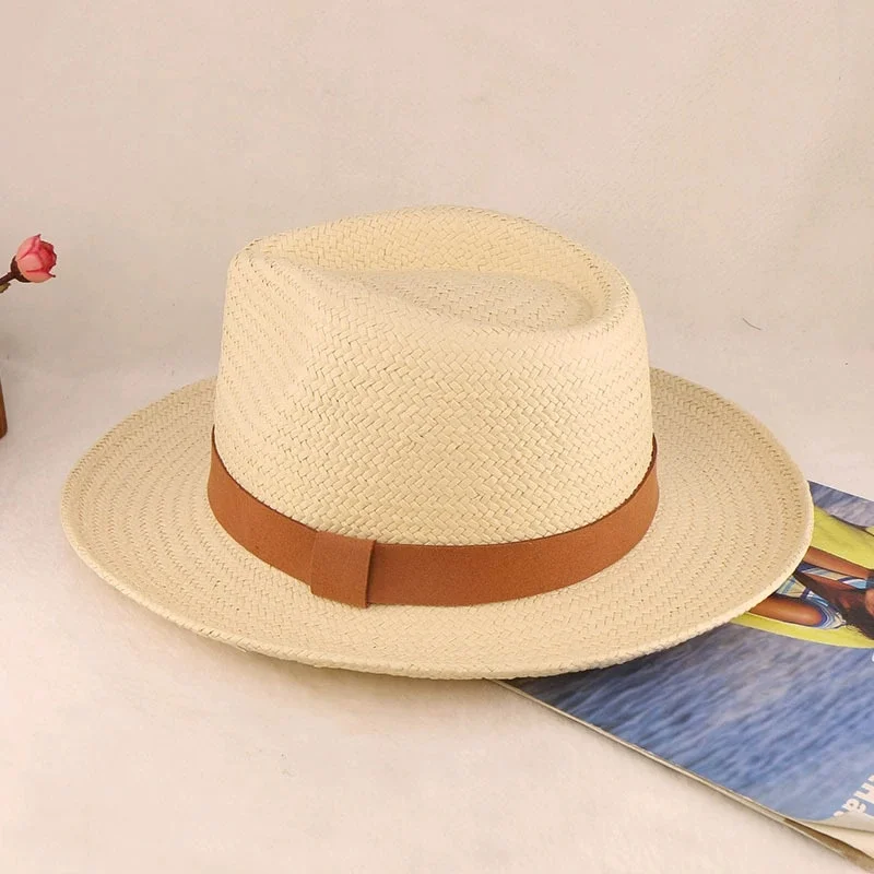High-End Hand-Woven Straw Hat for Men and Women: Bow, Flat-Brimmed Jazz Hat, Outdoor Sun Protection Hat