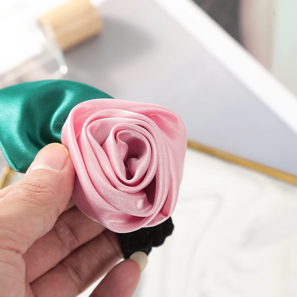 AWAYTR Satin Rose Flower Hair Rope Scrunchies Ponytail Holder Headband for Women Elastic Hair Bands Hair Accessories