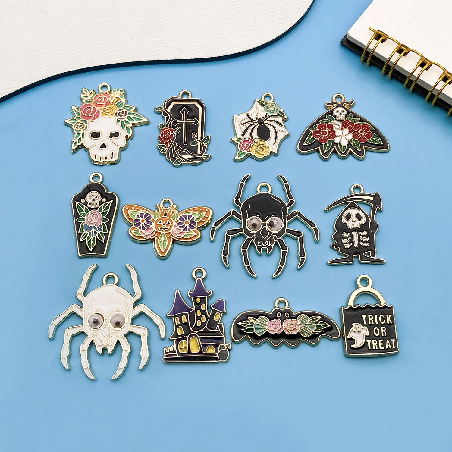 10/12pcs Halloween Alloy Charms,Mixed Style Spider Bat Castle Skull Pendants DIY For Necklaces Small Business Jewelry Making