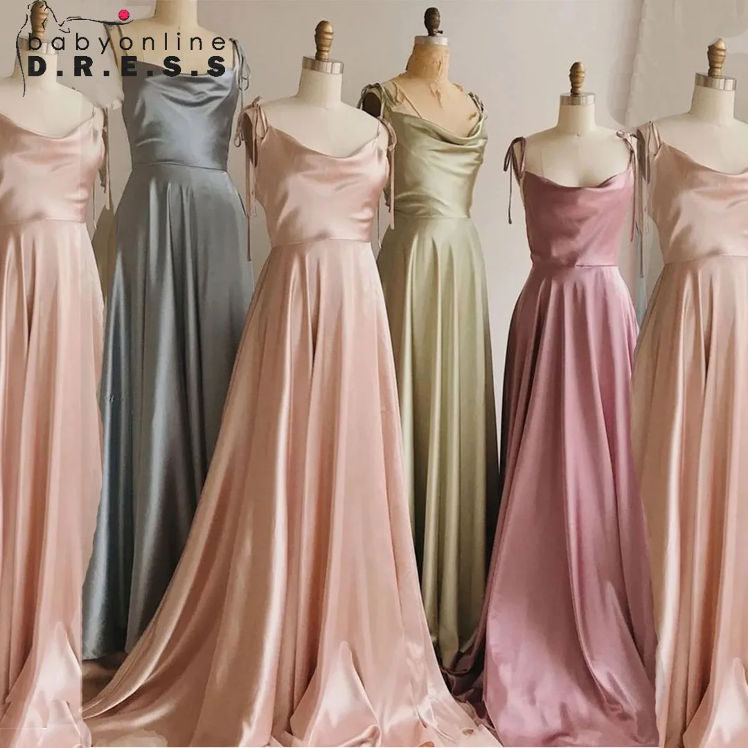 Simple Soft Sliky Satin Women Slip Bridesmaid Gown Cowl Neckline Tieing Thin Straps Leg Slit and Flowing A-line Party Skirt