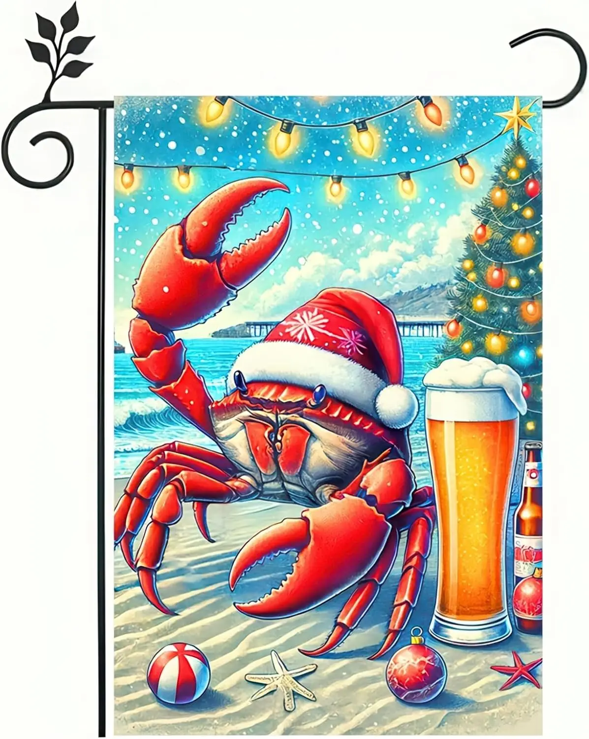 Tropical Christmas Crab Garden Flag 12x18 Inch Double Sided Holiday Crab with Santa Hat Beach Small Outdoor Yard Flag Season jaa