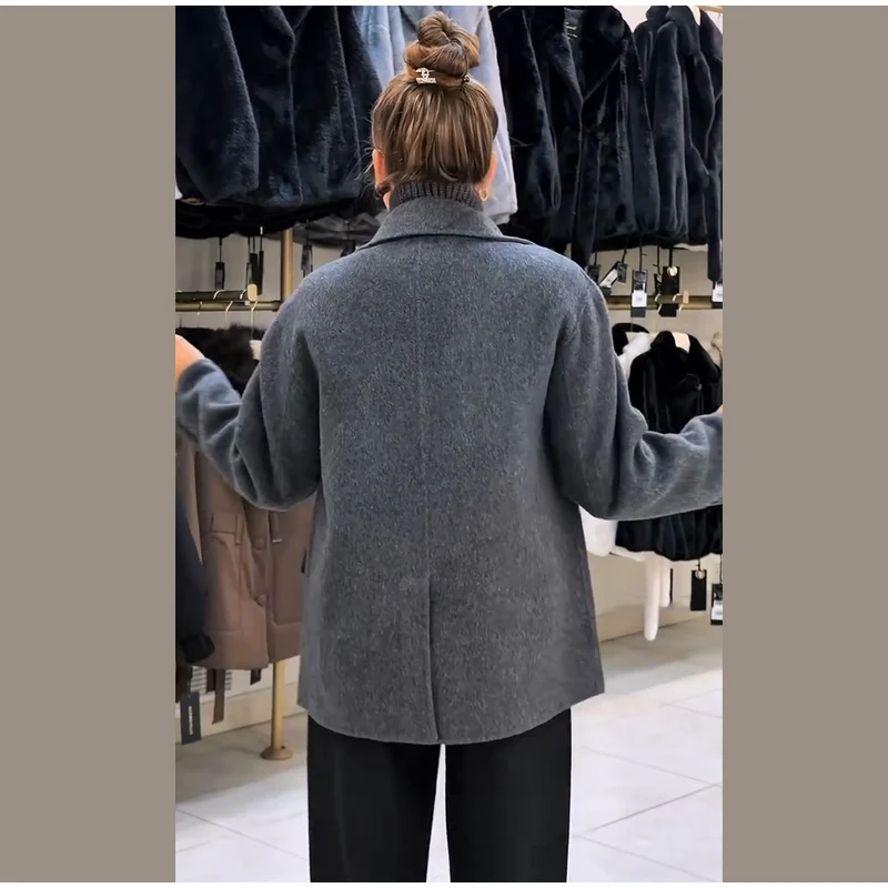 Vintage Damen Wollkurzmantel, locker geschnitten, mit Revers, langen Ärmeln, geknöpfter Jacke, Strickkragen, Weste, 2026 Herbst Damen 2-teiliges Set Mäntel – Detail 7