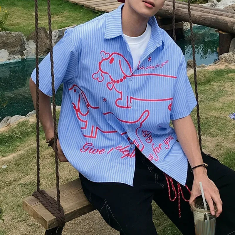 

INCERUN Мужская полосатая рубашка с принтом и лацканами с коротким рукавом, свободная повседневная мужская одежда, уличная одежда, модные мужские рубашки в корейском стиле, топы