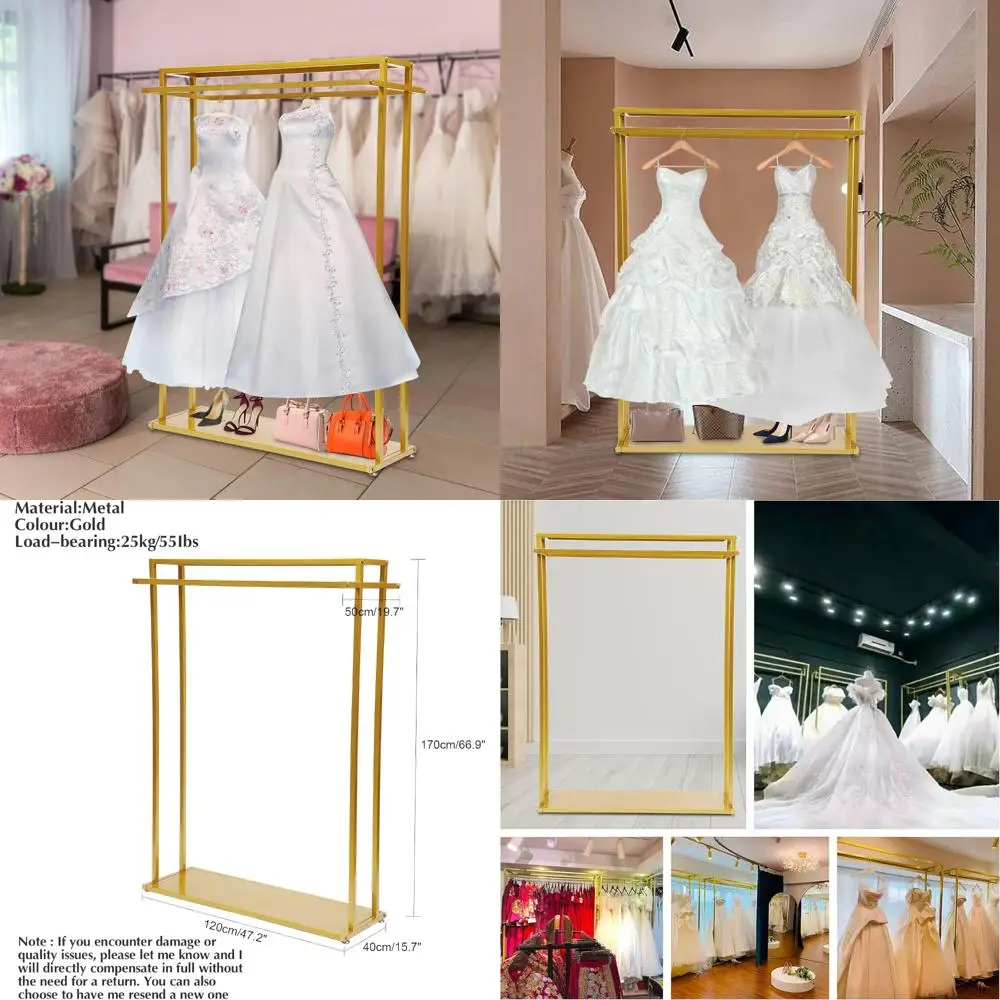 

Heavy-Duty Commercial Garment Racks for Retail, 67 Gold Clothing Racks with 2 Shelves, Ideal for Boutiques and Wedding Dresses D