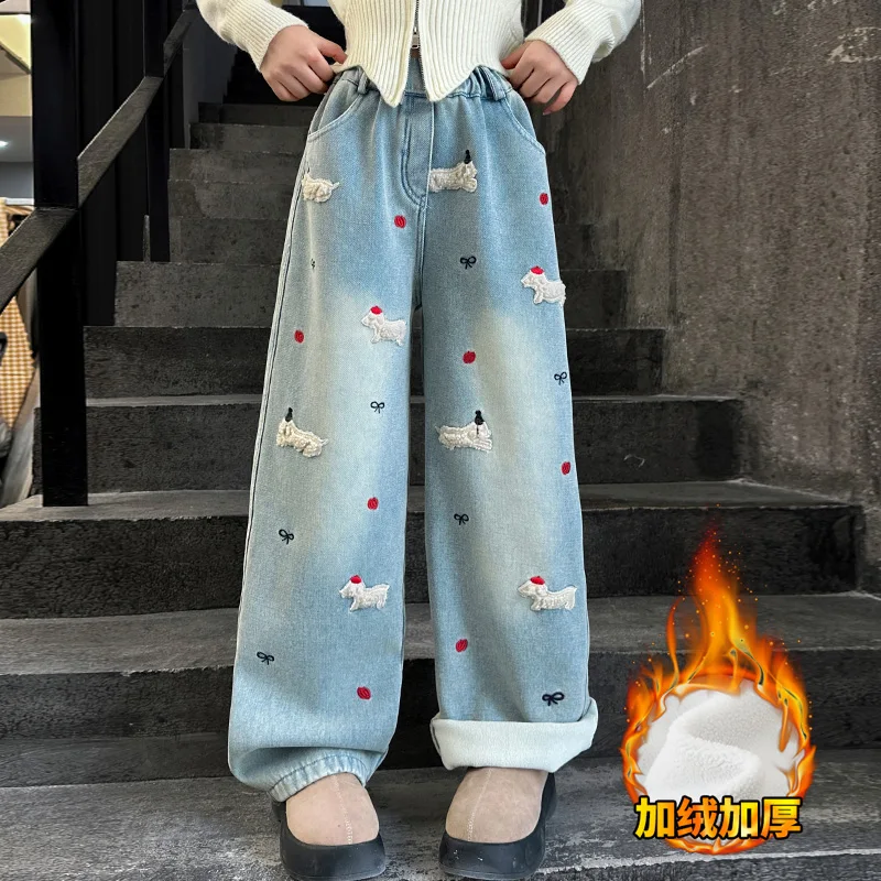 winter spring Thick velvet teen girls Cartoon embroidery jeans pantalon fille 12 14 ans junior kid Floor pants child trousers 14