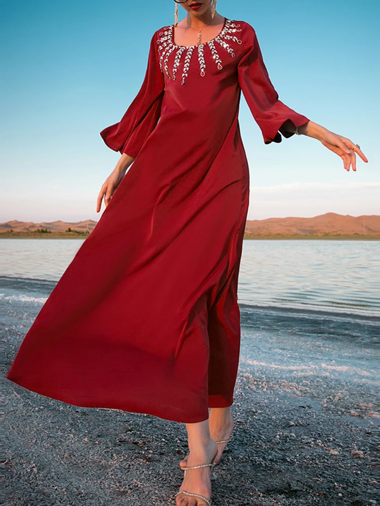 

Mia Muse Ramadan Essentials Women's Dress Modest Fashion Diamonds Silver Detailing Long Sleeve Square Neck Midi Daily Dress