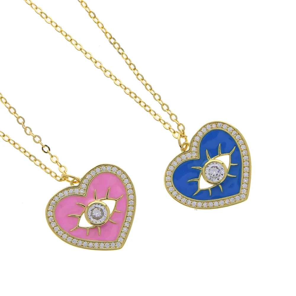 LOVE Heart Shape Carve White Evil Eye Cz Pendant Necklacez for Women Paved Pink Blue Enamel  Gold Plated Color Fashion Jewelry