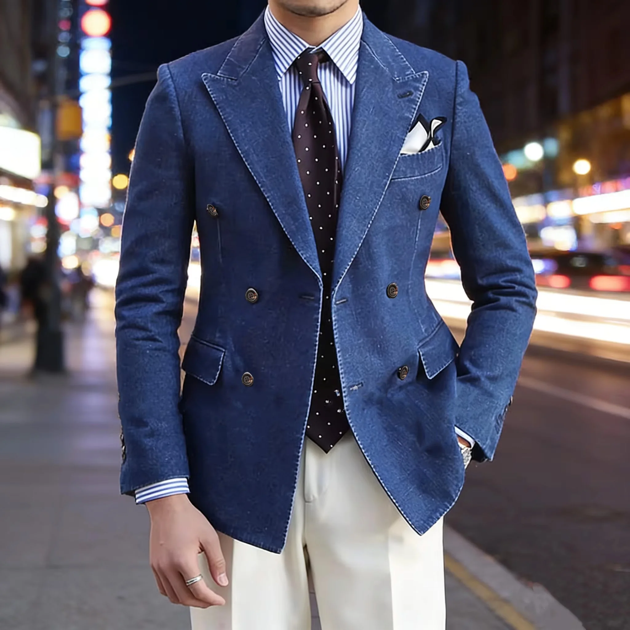 Blazer en jean rétro pour homme, bleu marine, de luxe, croisé, à revers pointus, coupe ajustée, vest