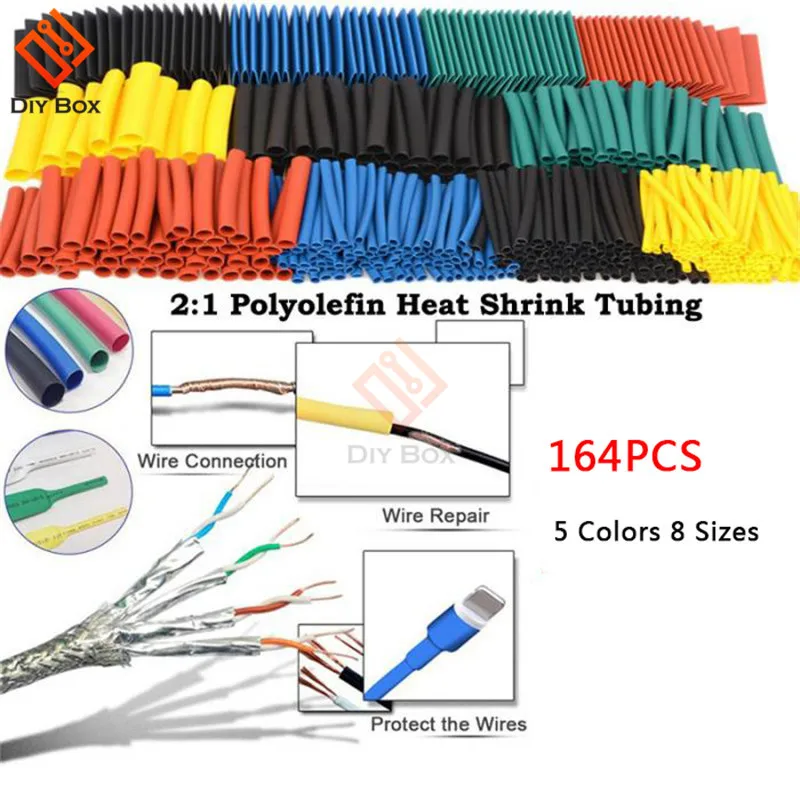 164pcs Set Polyolefin Shrinking Assorted Heat Shrink Tube 2:1 Halogen-Free Wire Cable Insulated Sleeving Tubing Set