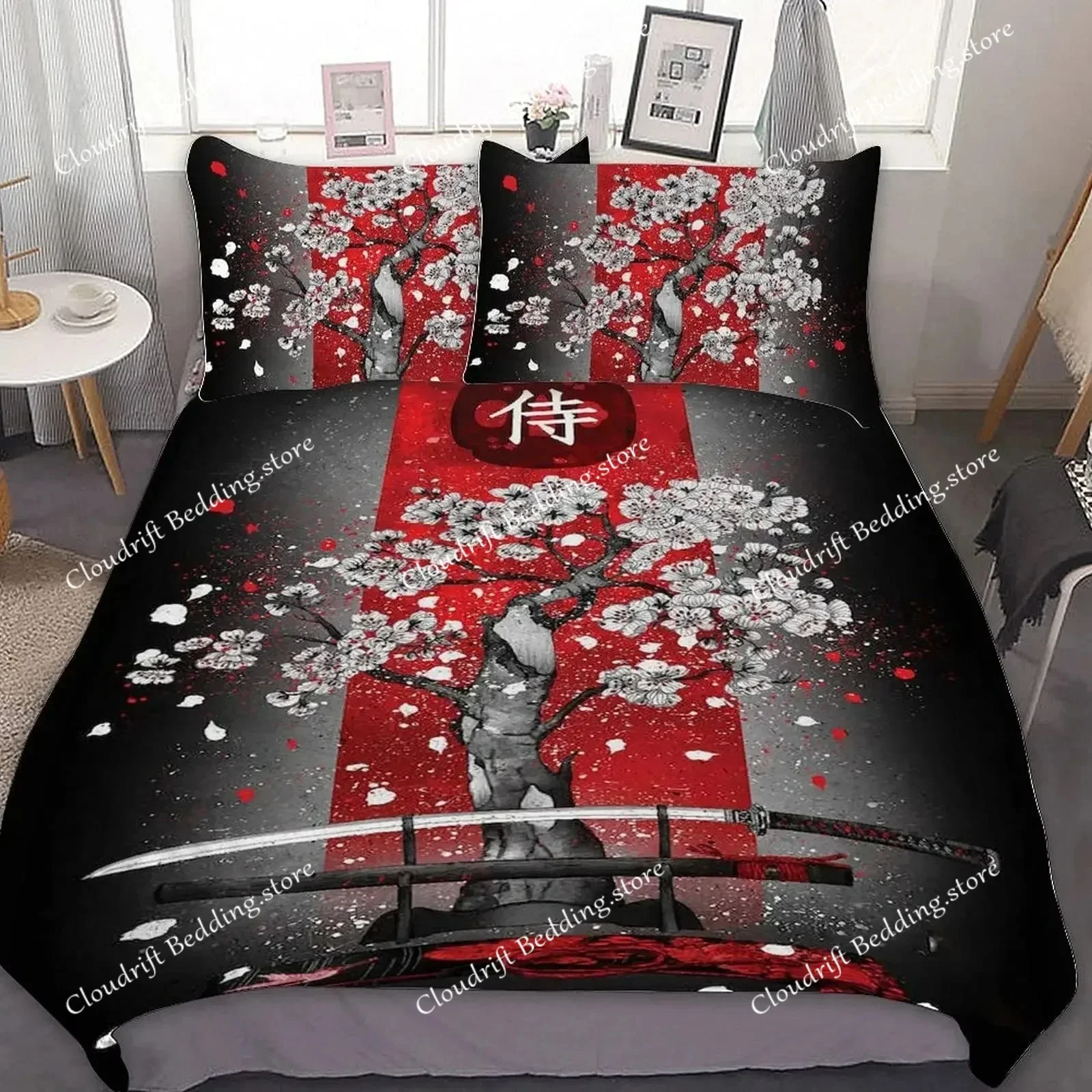 Japanese Samurai Bedding Set KingQueenFull Size Japan Sunset Scenery Building Silhouette Polyester Duvet Cover Men Black Red026