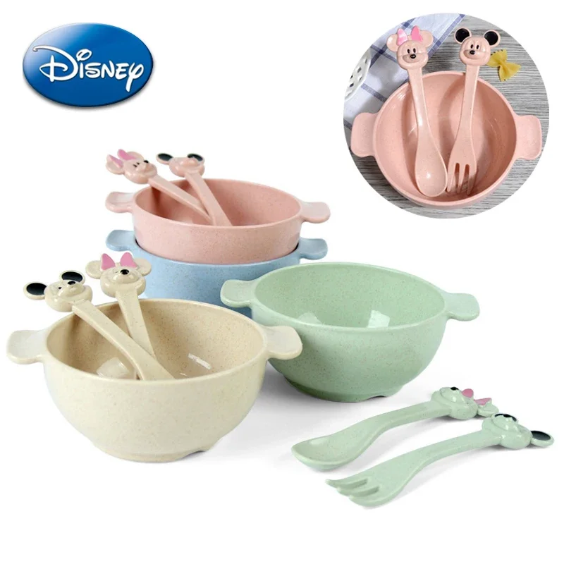 Disney Mickey Minnie Children Tableware Bowl Spoon Fork 3-piece Set Cartoon Kindergarten Baby Dinner Wheat Plate Durable To Fall