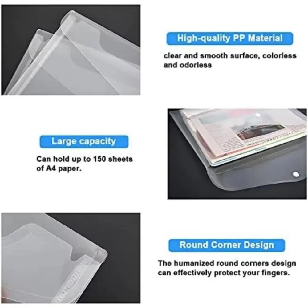 1Pcs with Label Pocket A4 Binder Pocket Clear Snap Button Document Files Folders Transparent Plastic Envelope Popper Wallets
